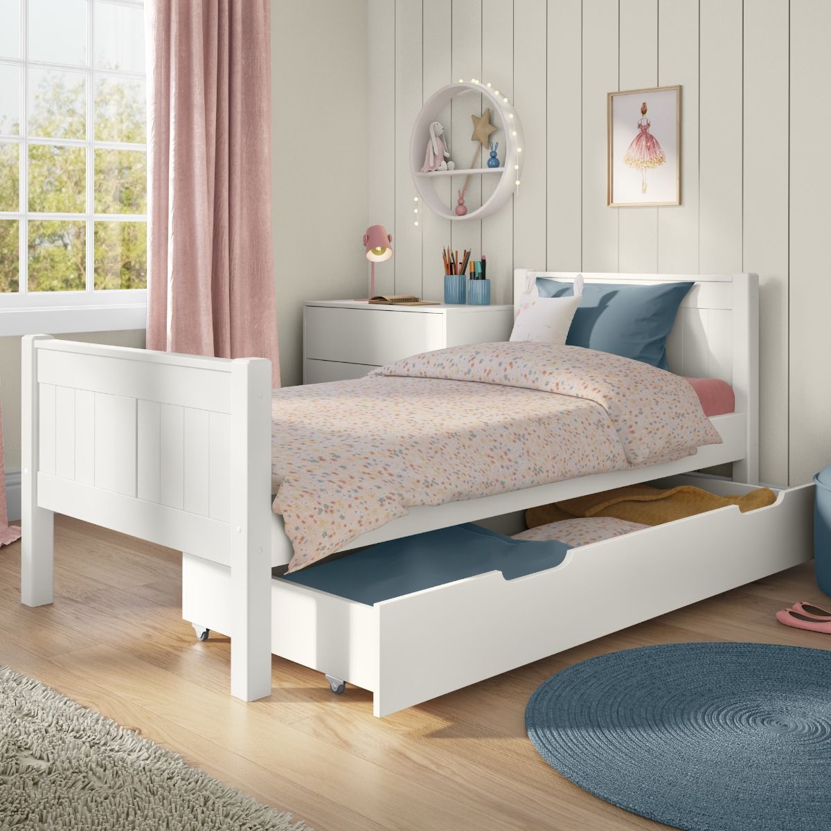 Zoomed Angled View of Classic White Single Bed White with Trundle Drawer