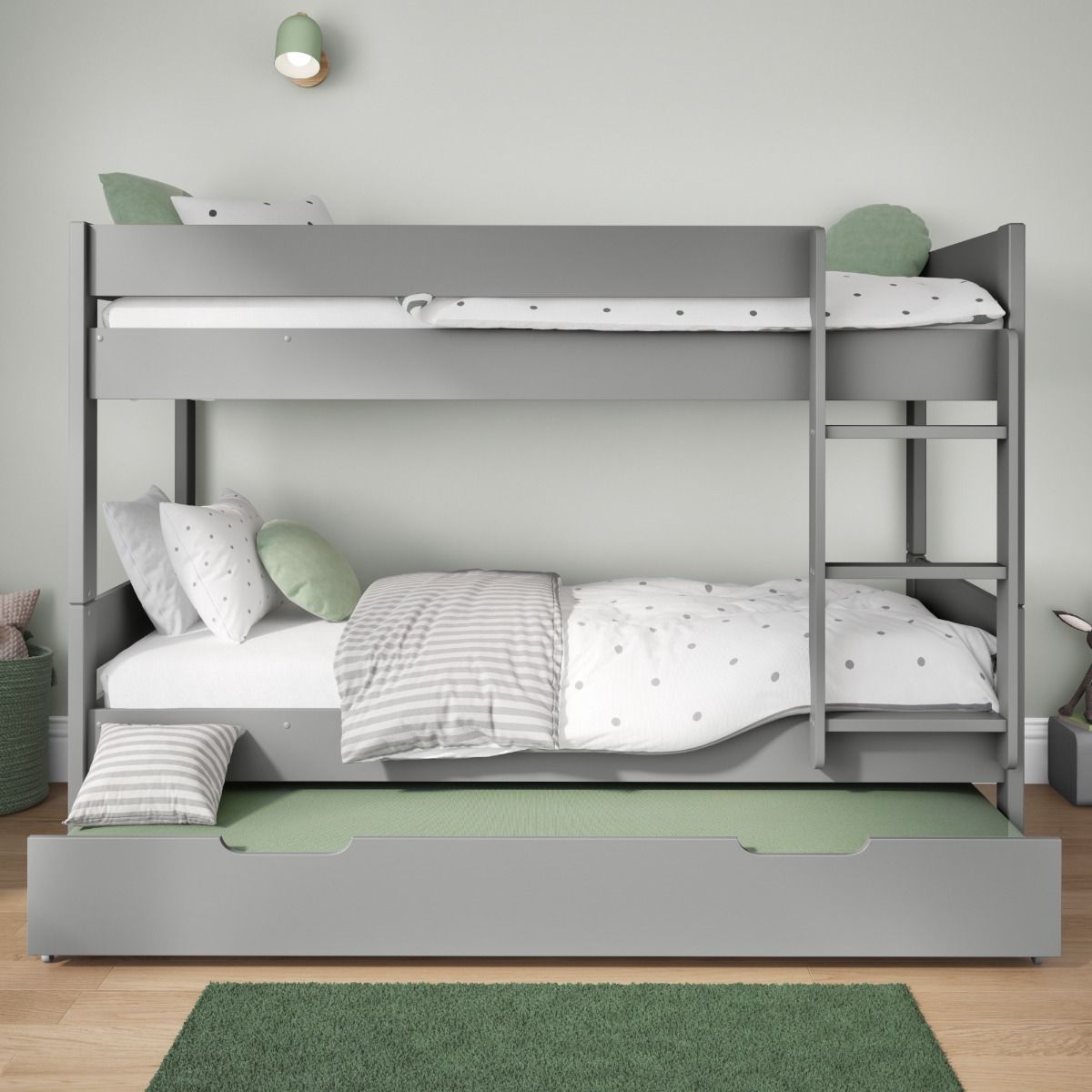 Zoomed Front View of Compact Grey Detachable Bunk Bed with Open Trundle and Trundle Mattress