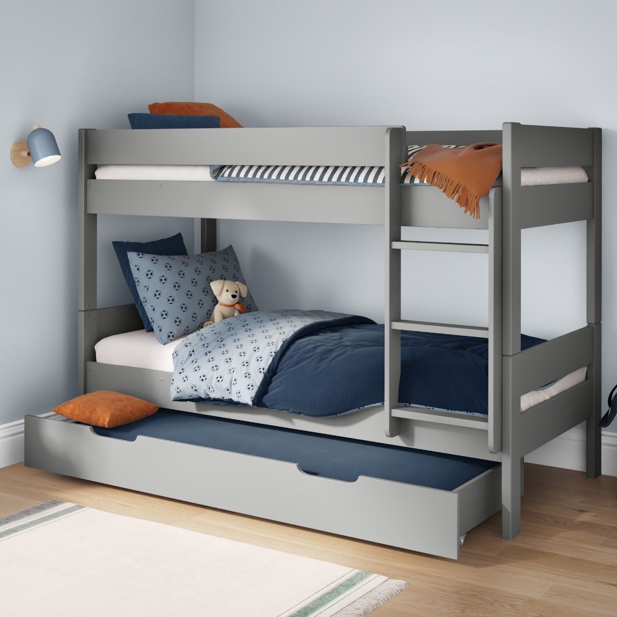 Zoomed Angled View of Compact Grey Detachable Bunk Bed with Trundle Drawer and Trundle Mattress