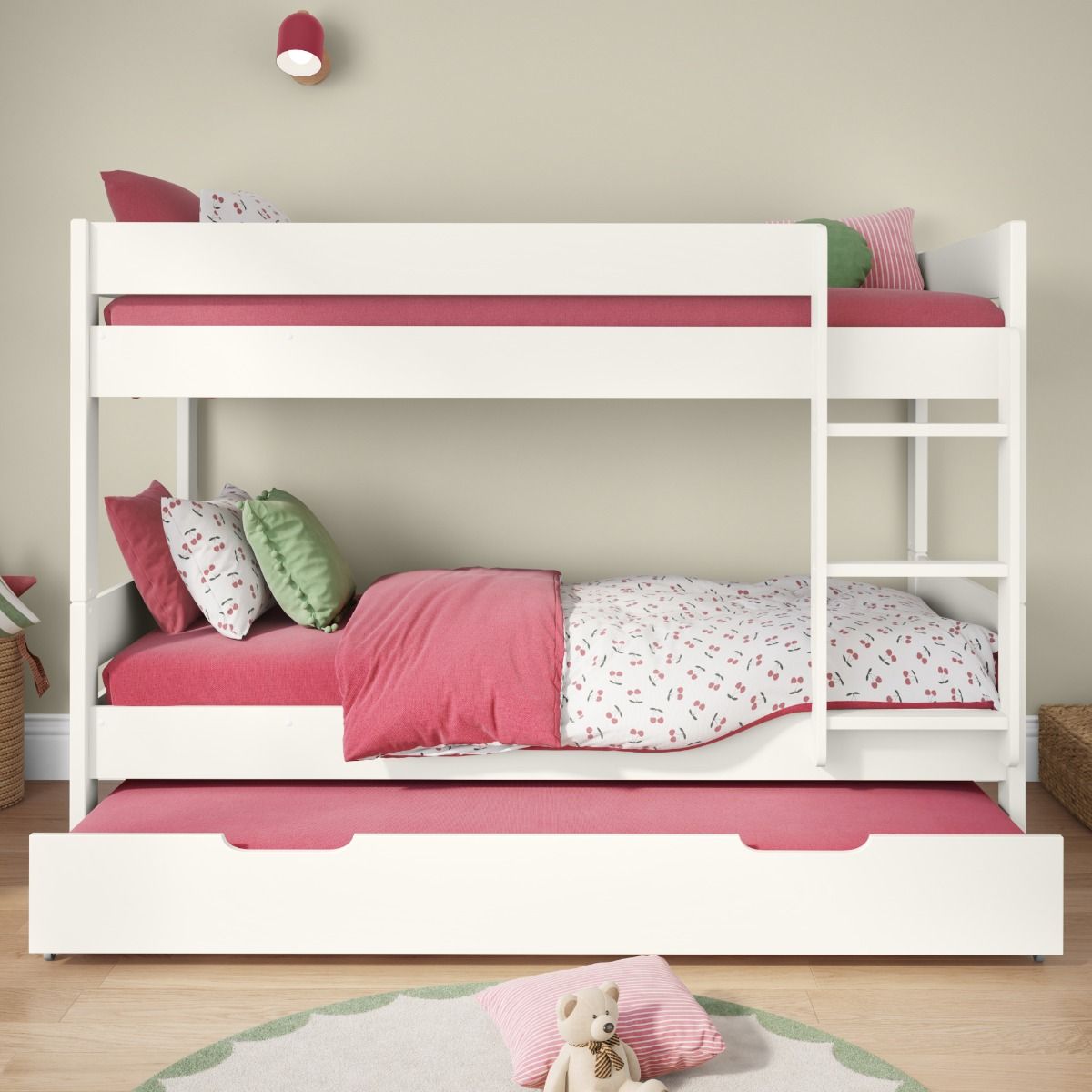 Zoomed Front View of Compact White Detachable Bunk Bed with Open Trundle and Trundle Mattress