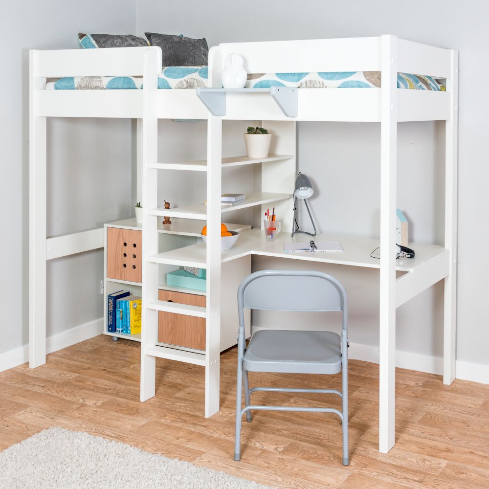 Childrens Stompa Duo 2 Highsleeper Bed with Integrated Desk, Shelving and Cube Unit With 2 Oak Doors Lifestyle Angled