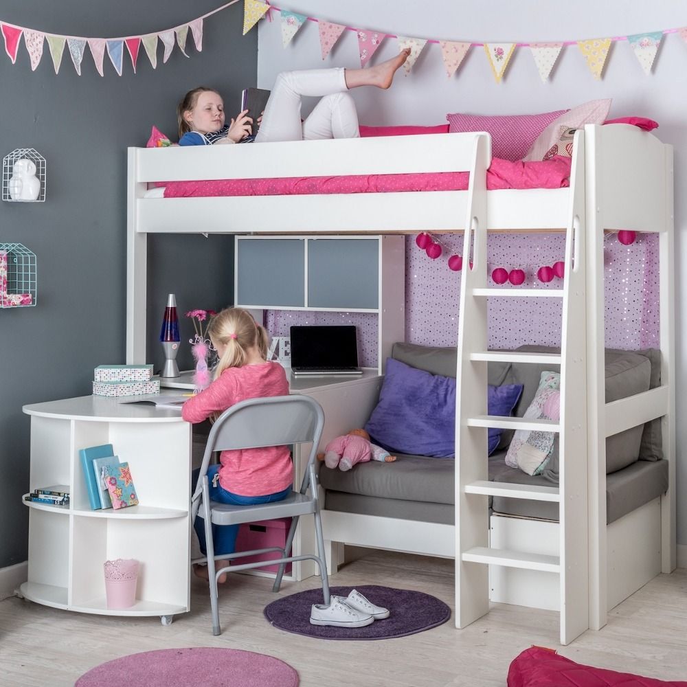 Childrens Uno S 28 Highsleeper Bed Package with Sofa Bed in Grey and Free Stompa S Flex Airflow Mattress Lifestyle Angled