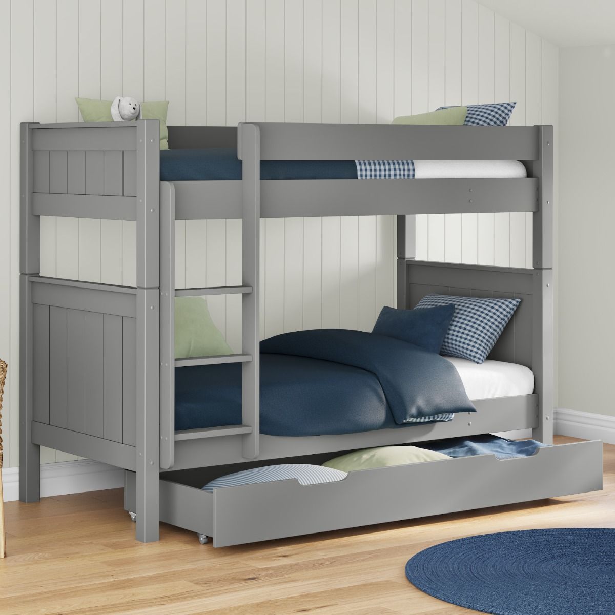 Zoomed Angled View of Classic Bunk Bed in Grey with Trundle Storage Drawer