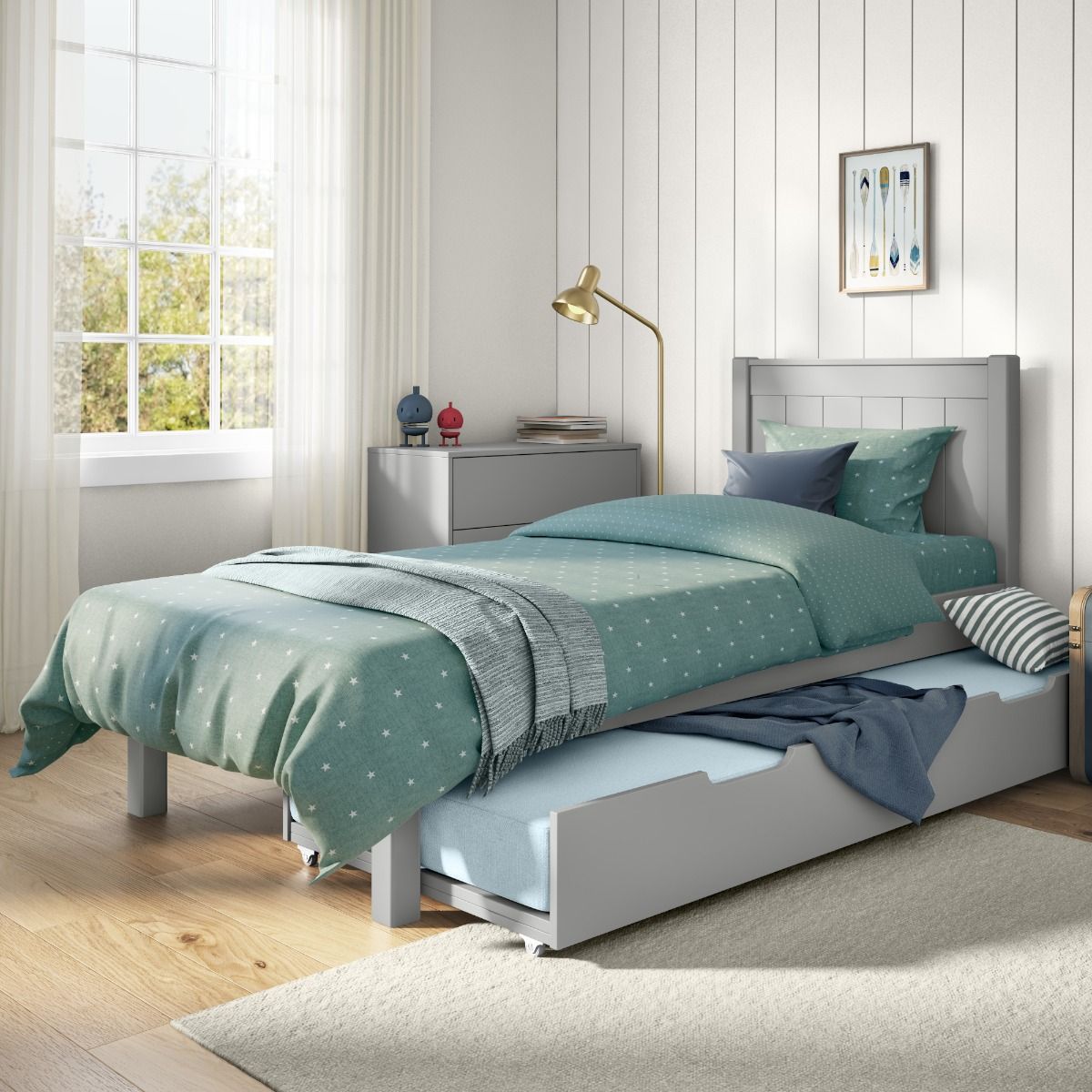 Zoomed Angled View of Classic Grey Low End Single Bed with Open Trundle and Trundle Mattress