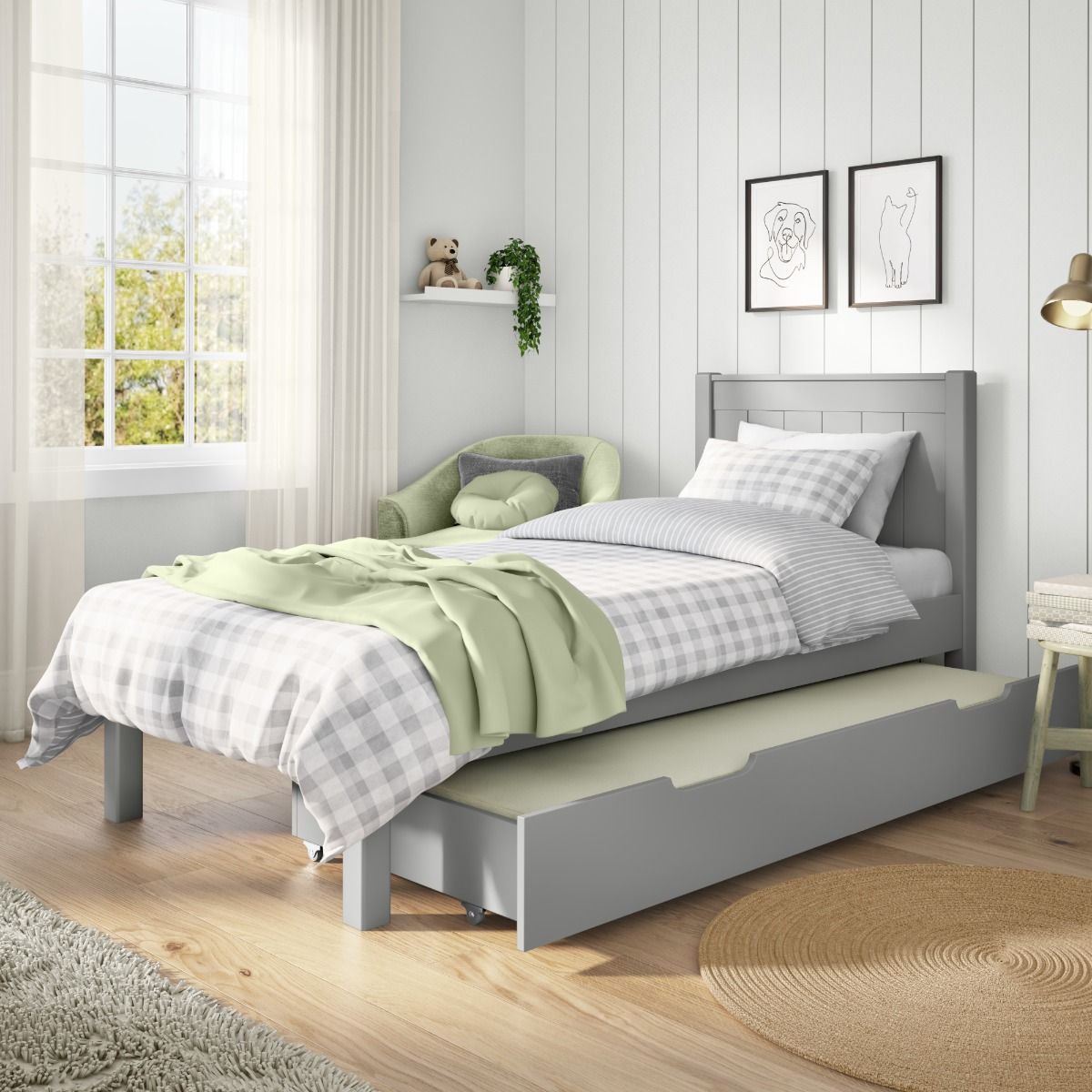 Zoomed Angled View of Classic Grey Low End Single Bed with Trundle Drawer and Trundle Mattress