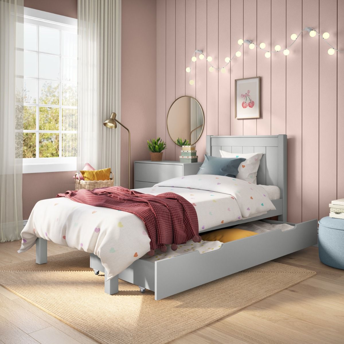 Zoomed Angled View of Classic Grey Low End Single Bed with a Trundle Drawer