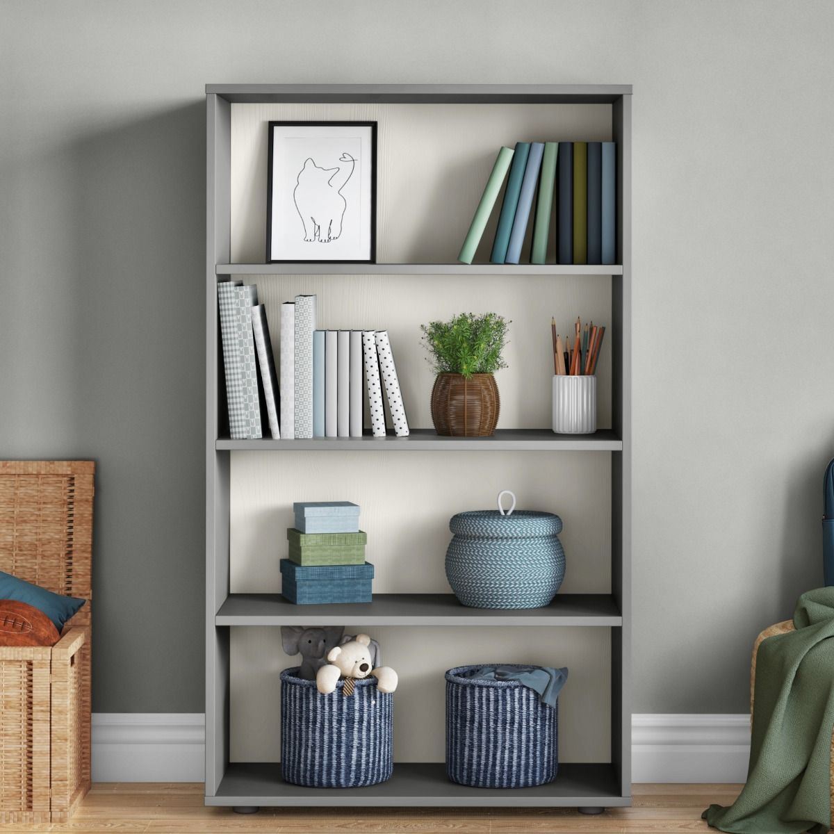 Closer front view of a grey tall bookcase with three open shelves and minimalist Scandinavian design.