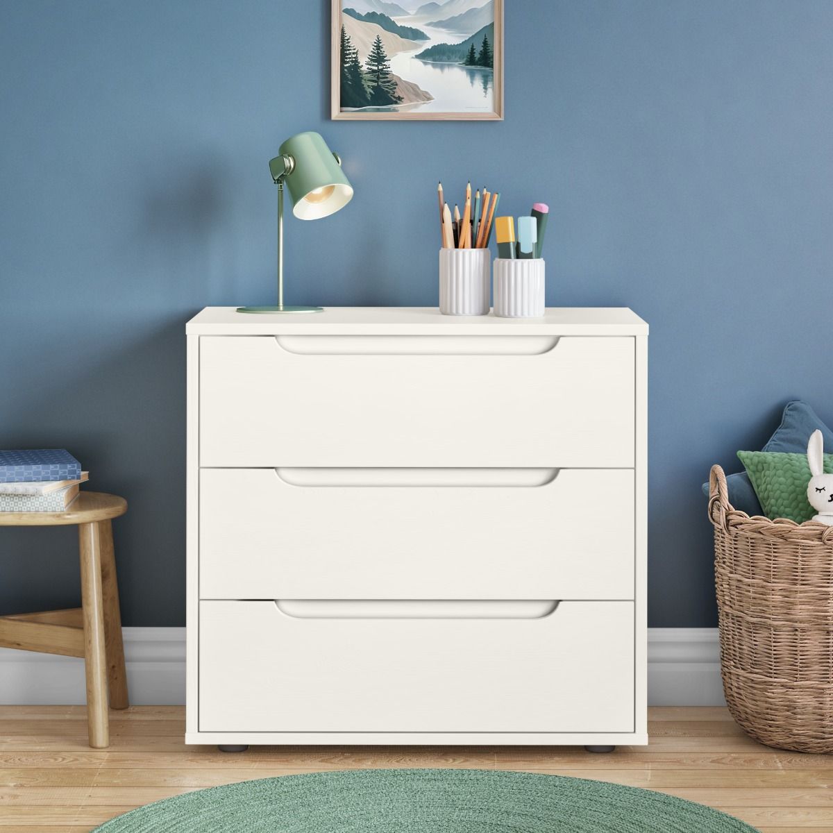 Zoomed Front View of Classic White 3 Drawer Chest