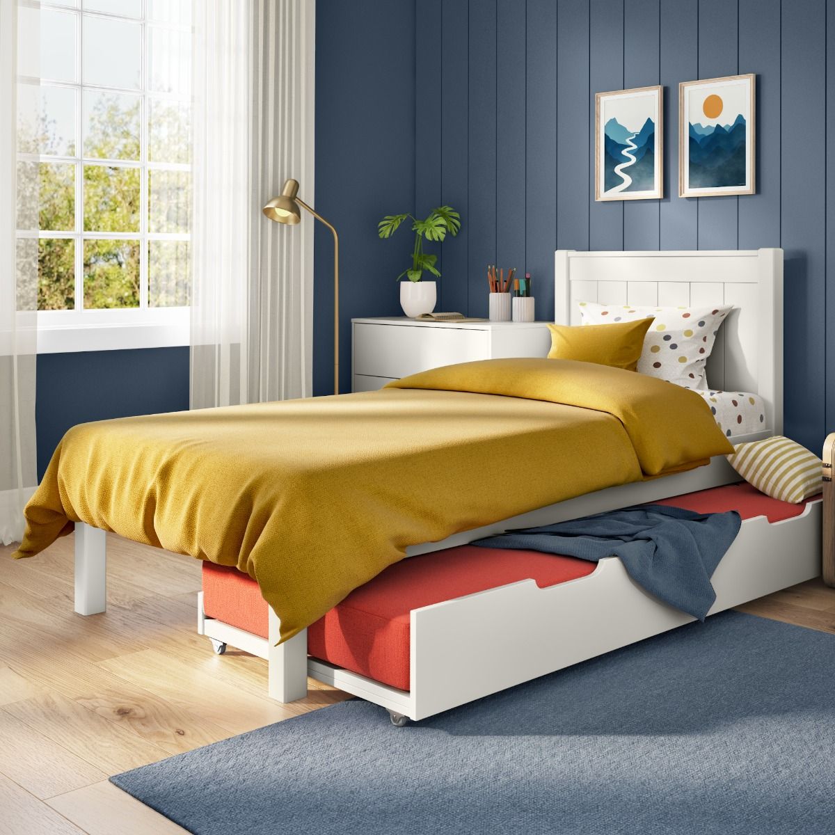 Zoomed Angled View of Classic White Low End Single Bed with Open Trundle and Trundle Mattress