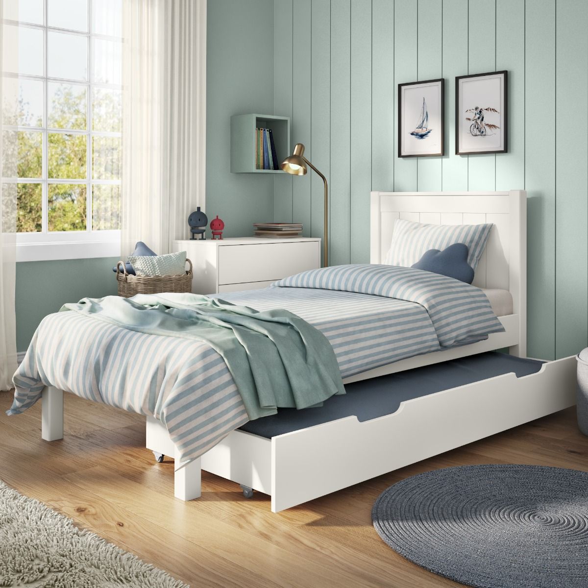 Zoomed Angled View of Classic White Low End Single Bed with Trundle Drawer and Trundle Mattress