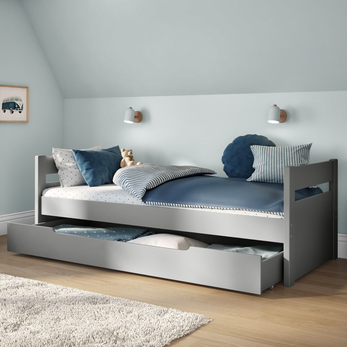 Zoomed Angled View of Uno Grey Cabin Bed with Trundle