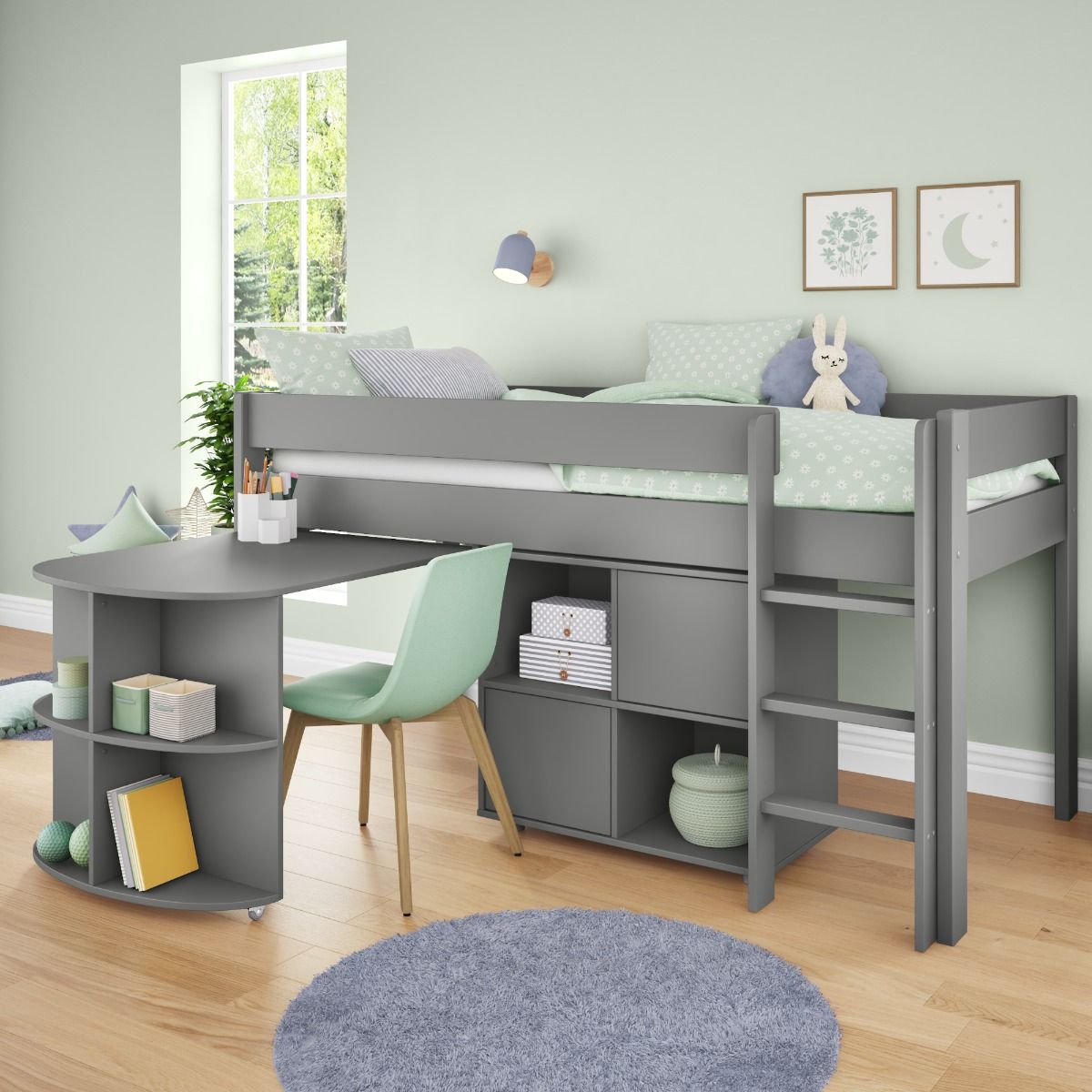 Zoomed Angled View of Uno Grey Mid Sleeper with Pull Out Desk and Cube Unit