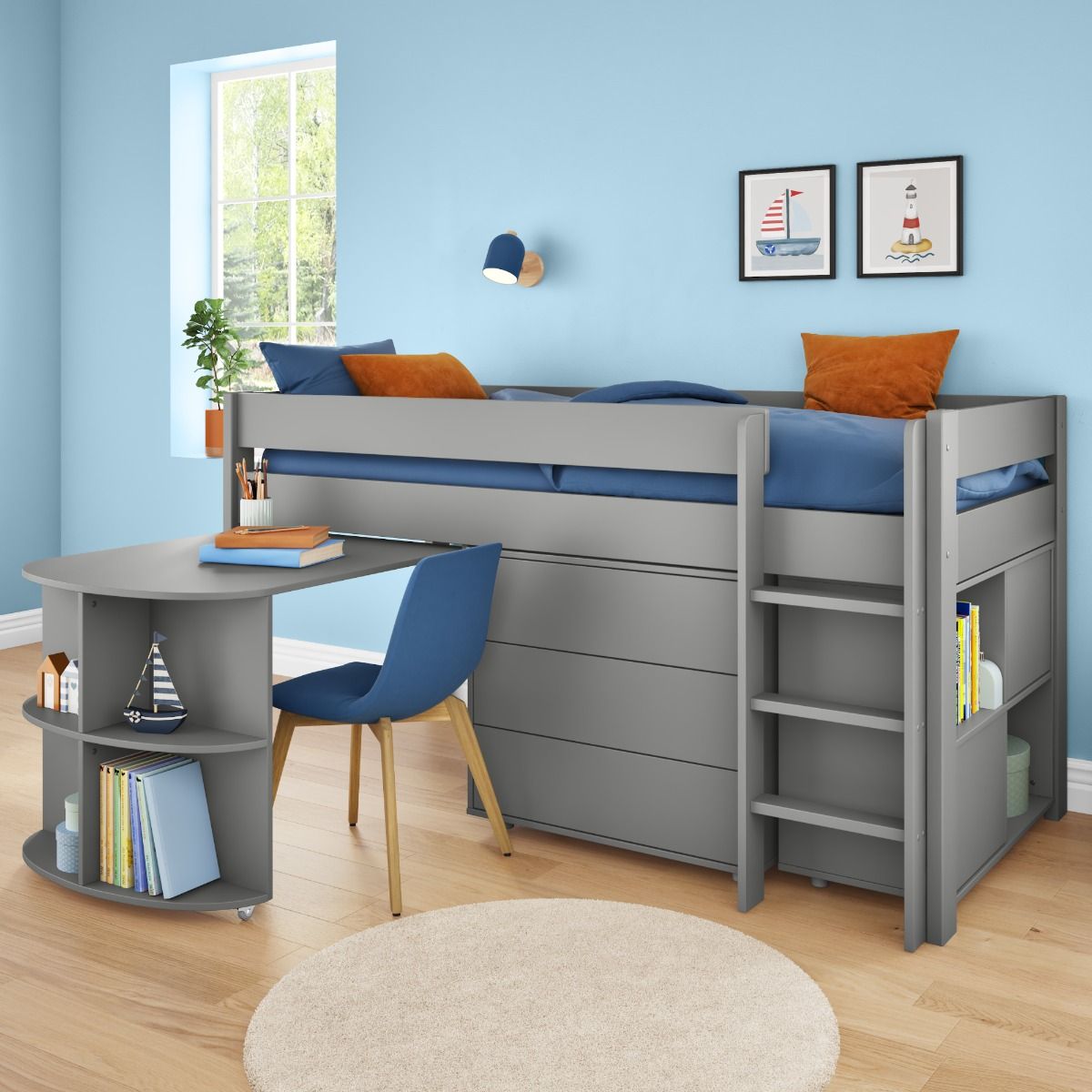 Zoomed Angled View of Uno Grey Mid Sleeper with Pull Out Desk, 3 Drawer Chest and Cube Unit