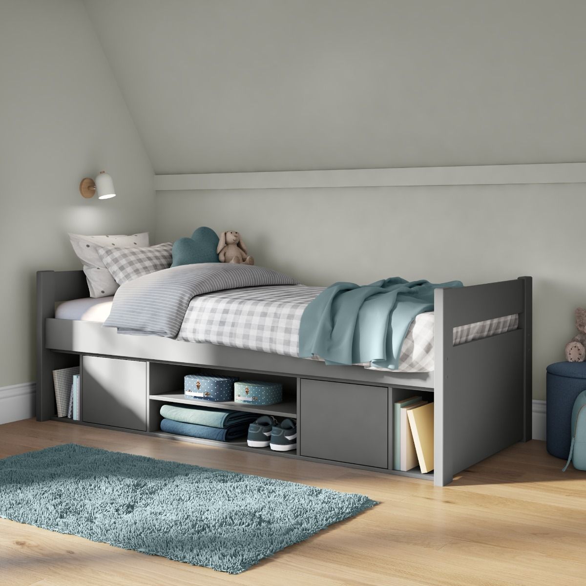 Zoomed Angled View of Uno Grey Storage Cabin Bed