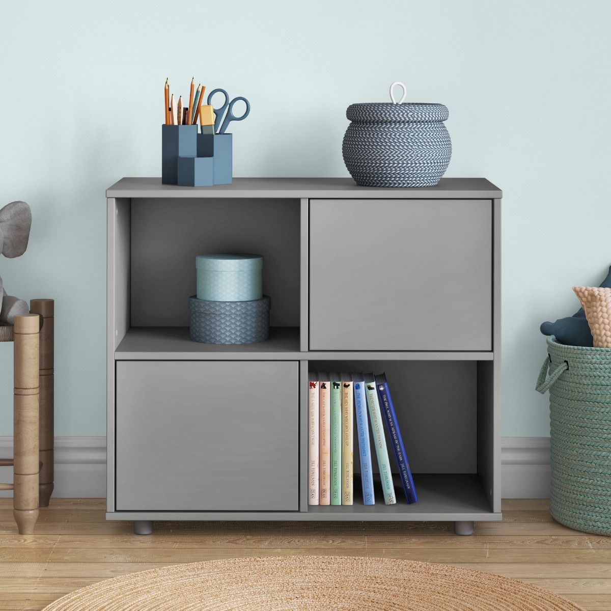 Zoomed Front View of Uno S Grey Cube Unit with a Pair of Doors