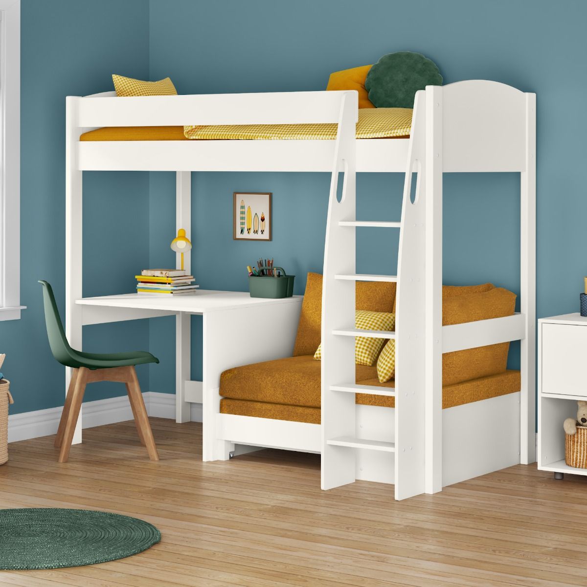 Zoomed Angled View of Uno S White High Sleeper with Fixed Desk and Mustard Yellow Sofa Bed