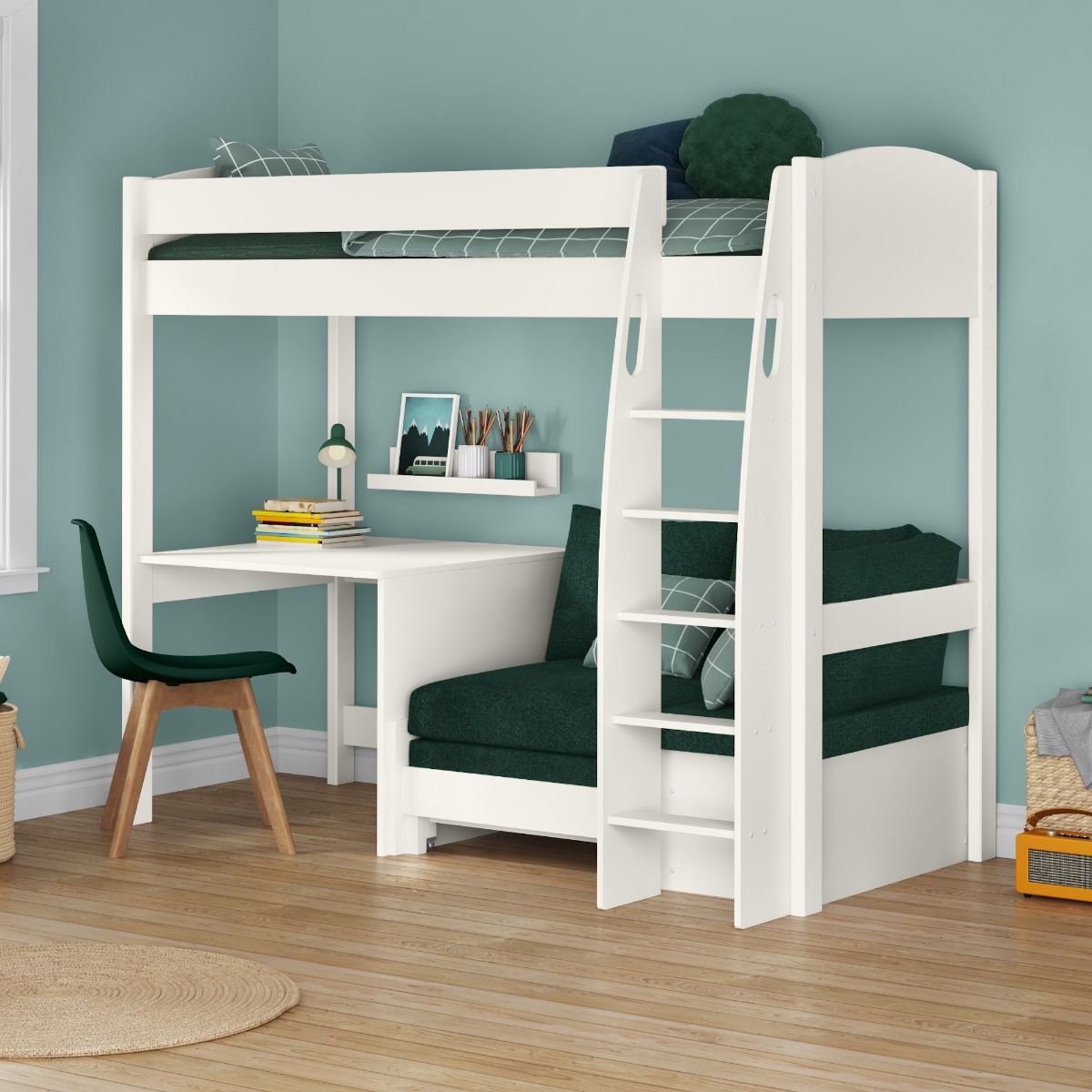 Zoomed Angled View of Uno S White High Sleeper with Fixed Desk and Teal Green Sofa Bed