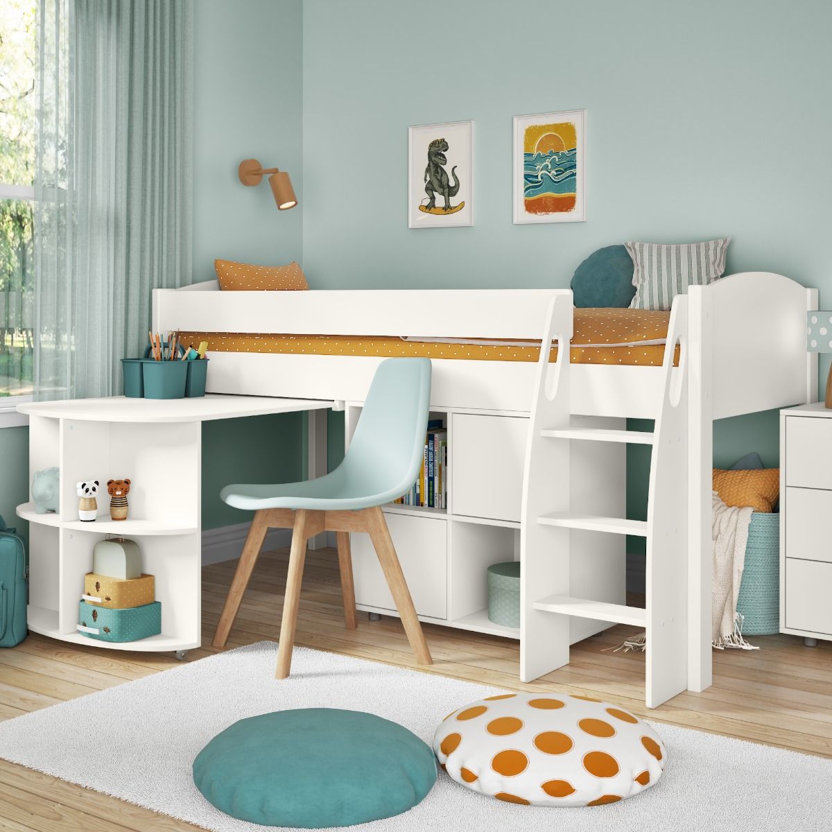 Zoomed Angled View of Uno S White Mid Sleeper with Pull Out Desk and Cube Unit