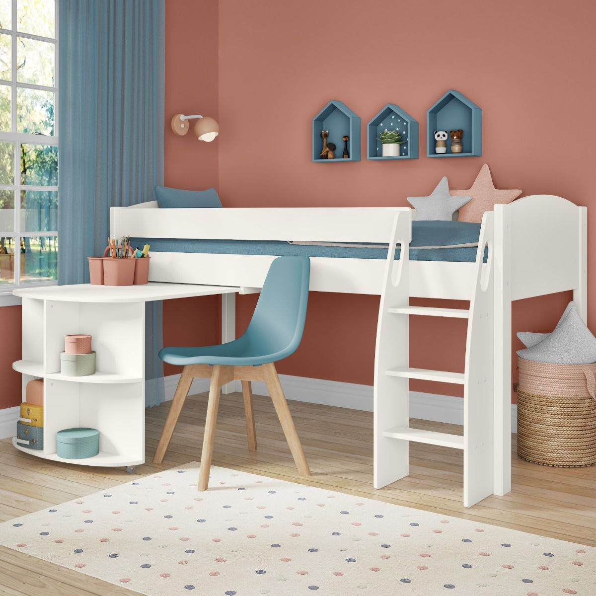 Zoomed Angled View of Uno S White Mid Sleeper with Pull Out Desk