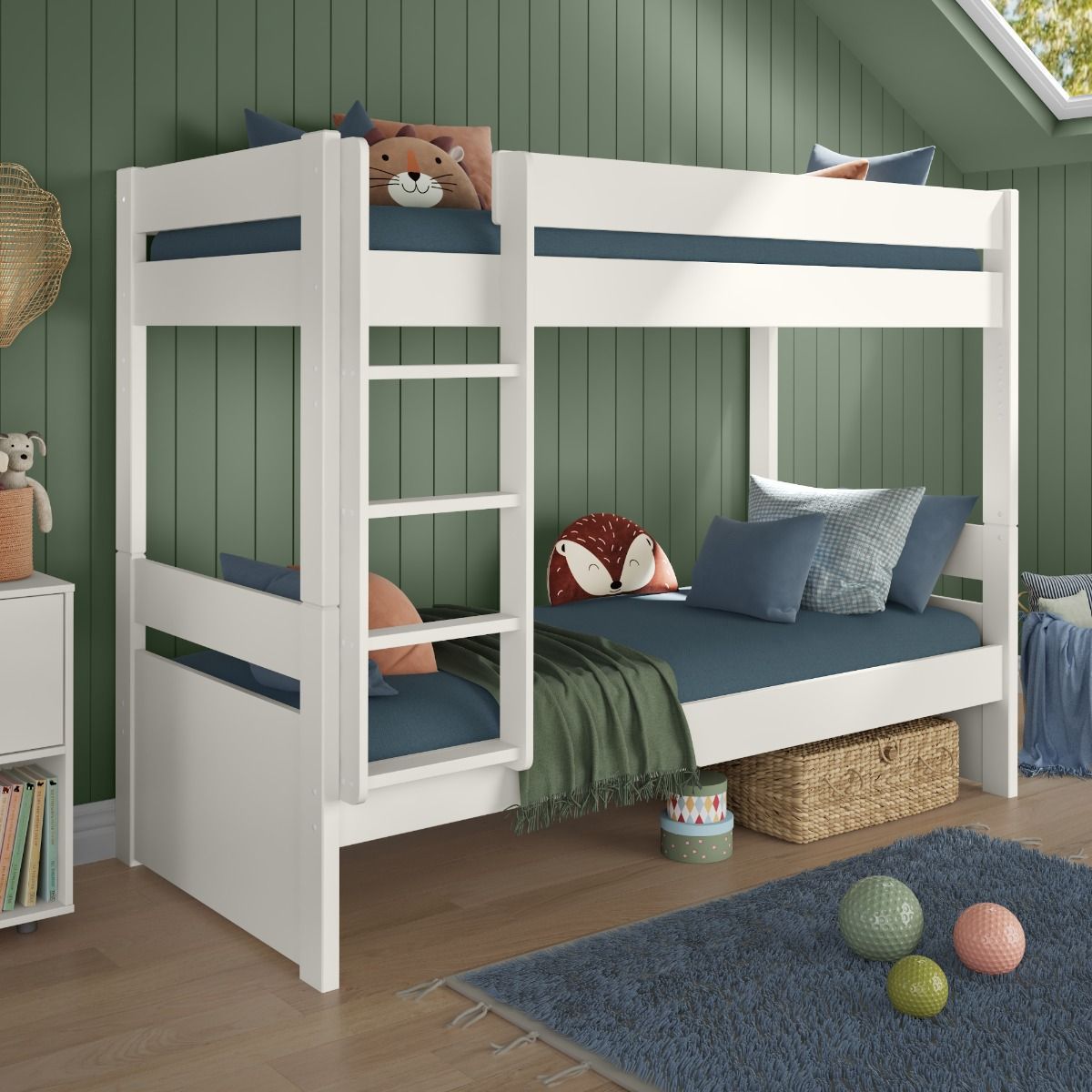 Zoomed Angled View of Uno White Detachable Bunk Bed