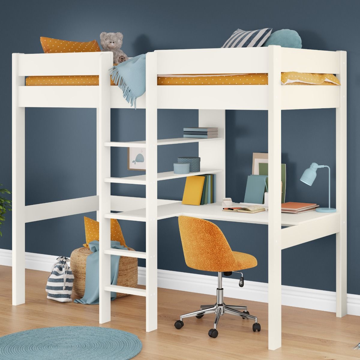 Zoomed Angled View of Uno White High Sleeper Bed Frame with Integrated Desk and Shelving