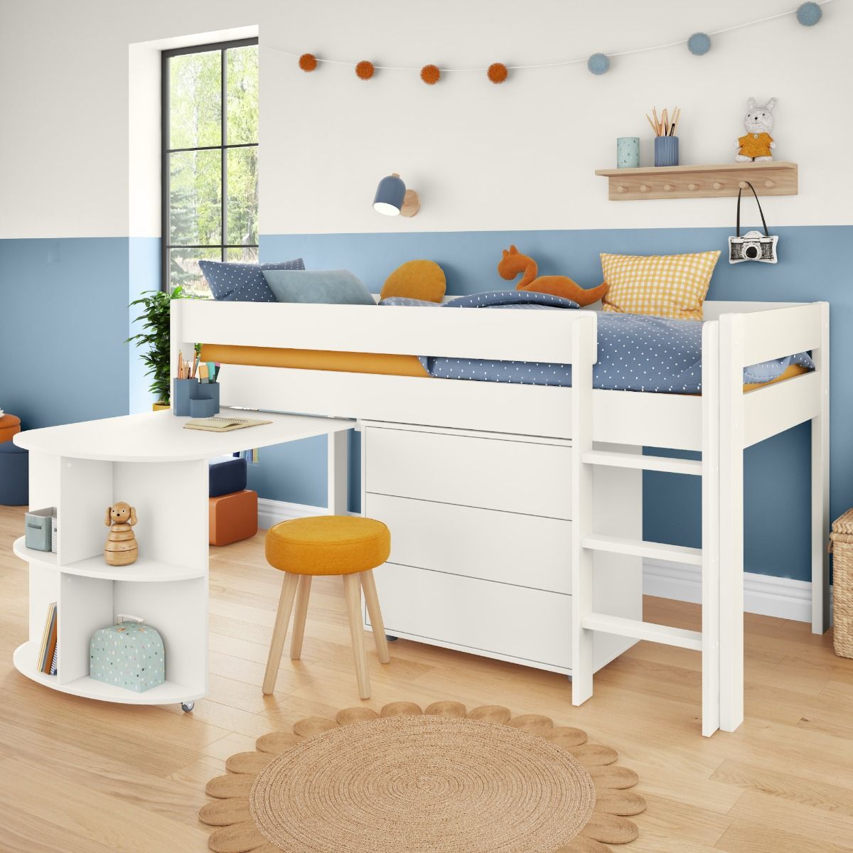 Zoomed Angled View of Uno White Mid Sleeper with Pull Out Desk and 3 Drawer Chest