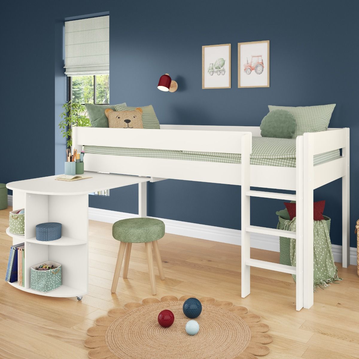 Zoomed Angled View of Uno White Mid Sleeper with Pull Out Desk