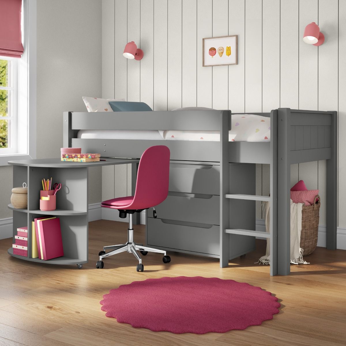 Childrens Classic Mid Sleeper Bed in Grey, Pull Out Desk, 3 Drawer Chest Lifestyle Angled Zoomed