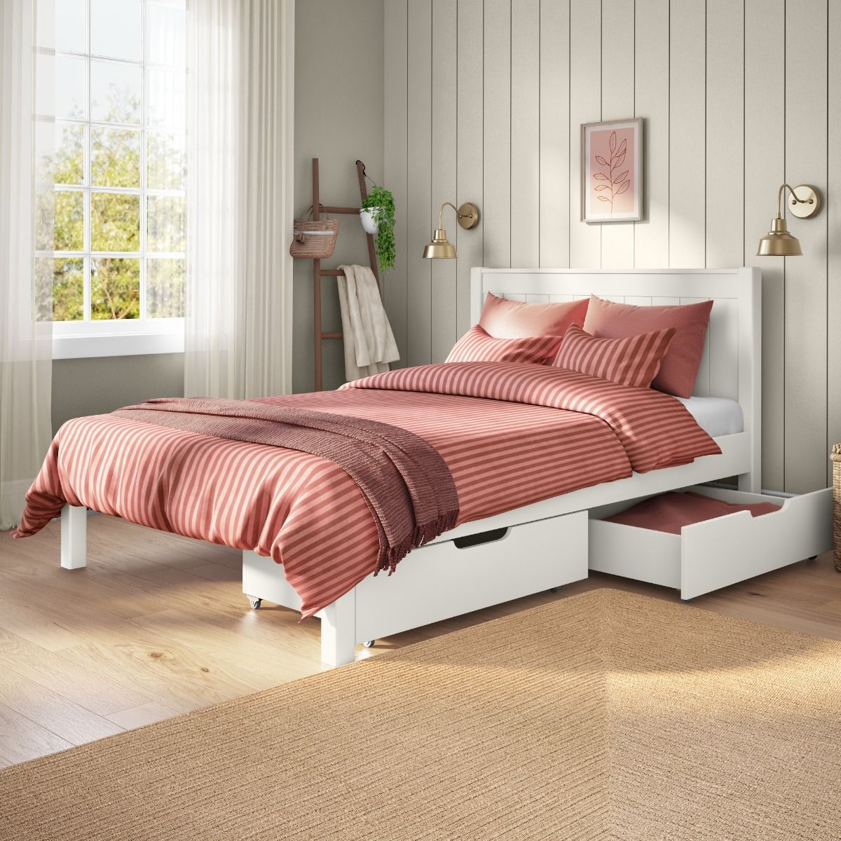 Zoomed Angled View of Classic White Low End Double Bed with a Pair of Drawers