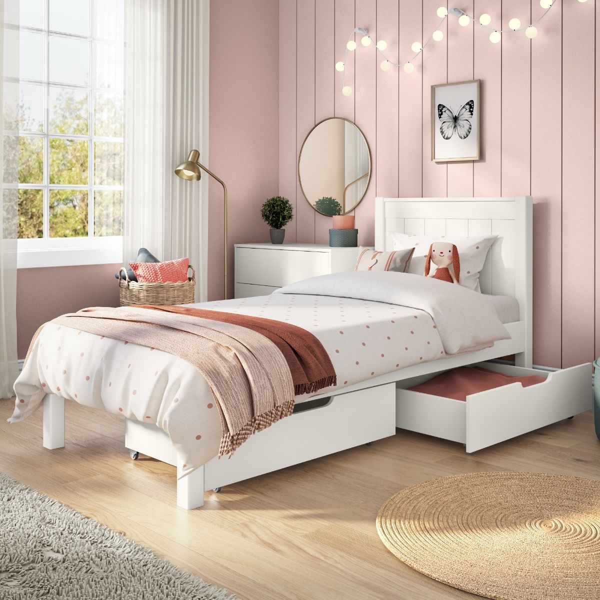 Zoomed Angled View of Classic White Low End Single Bed with a Pair of Drawers