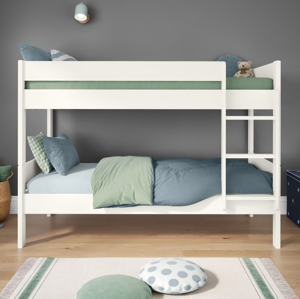 Compact White Detachable Bunk Bed Lifestyle Front Zoomed