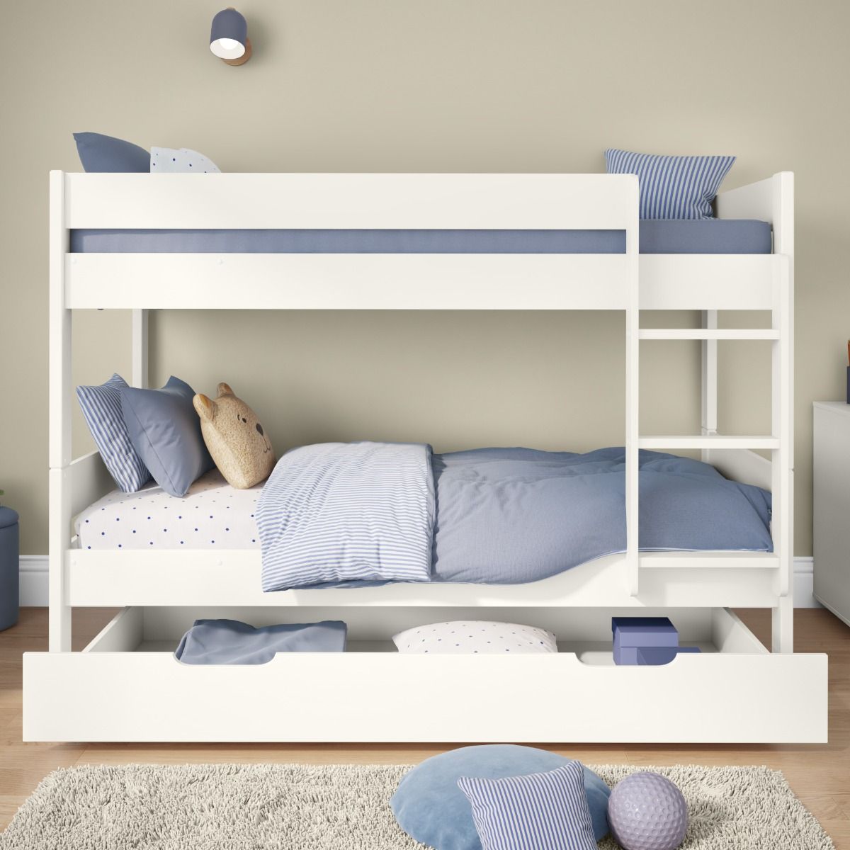 Compact White Detachable Bunk Bed with Trundle Drawer Lifestyle Front Zoomed