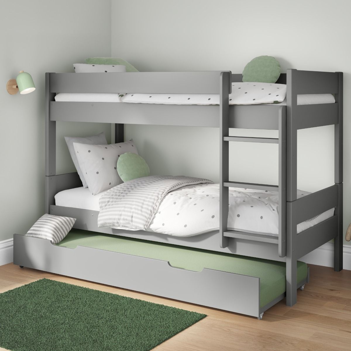Childrens Compact Detachable Bunk Bed In Grey With Open Trundle and Trundle Mattress Lifestyle Angled Zoomed