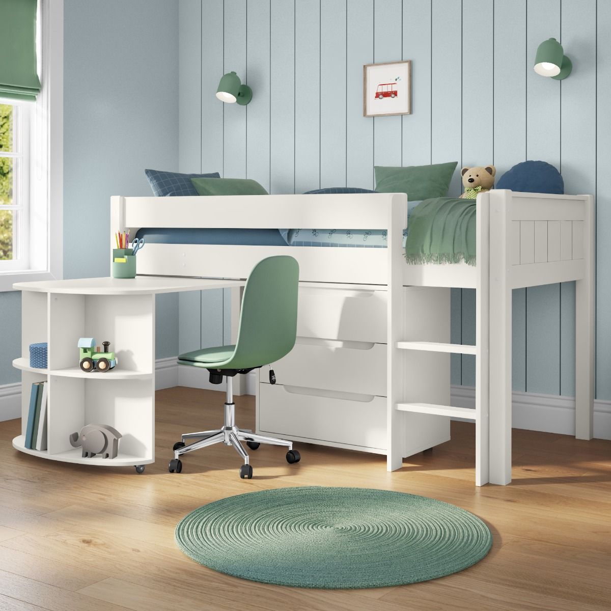 Childrens  Classic Mid Sleeper Bed in White with Pull Out Desk and 3 Drawer Chest Standard UK Single Size Lifestyle Angled Zoomed