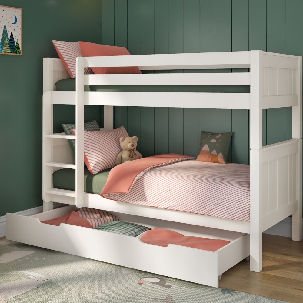 Childrens Classic Originals White Bunk Bed with Trundle Drawer Lifestyle Angled Zoomed