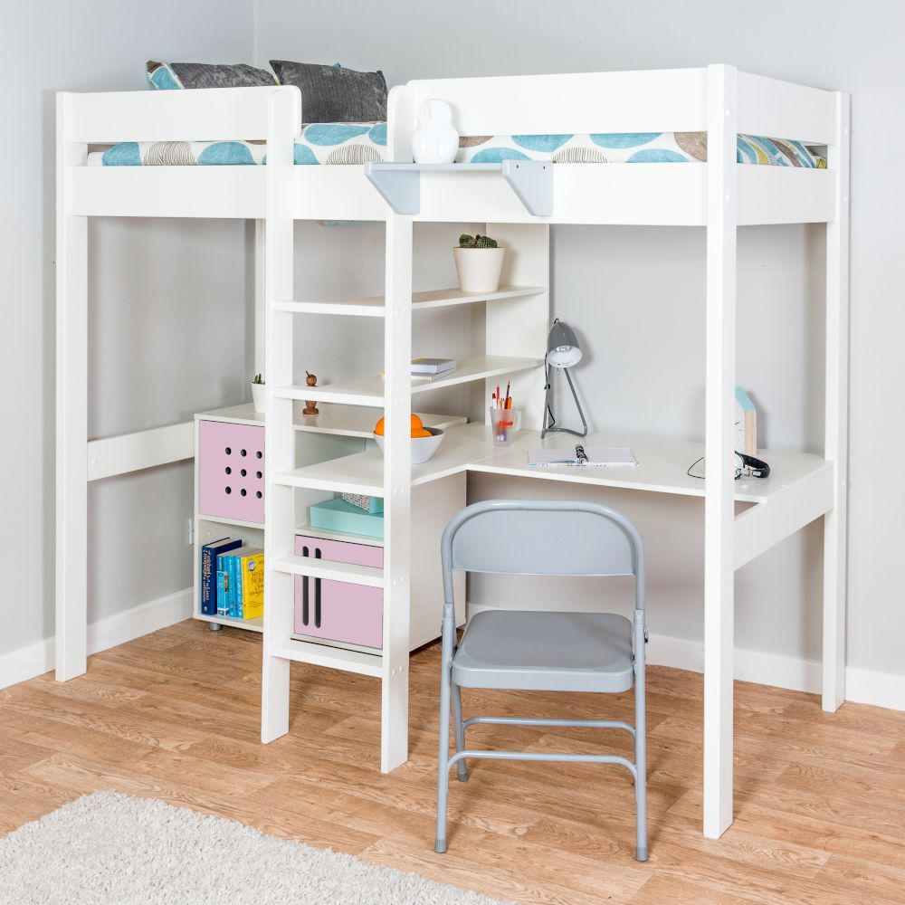 Childrens  Stompa Duo 2 Highsleeper Bed with Integrated Desk, Shelving and Cube Unit With 2 Pink Doors Lifestyle Angled