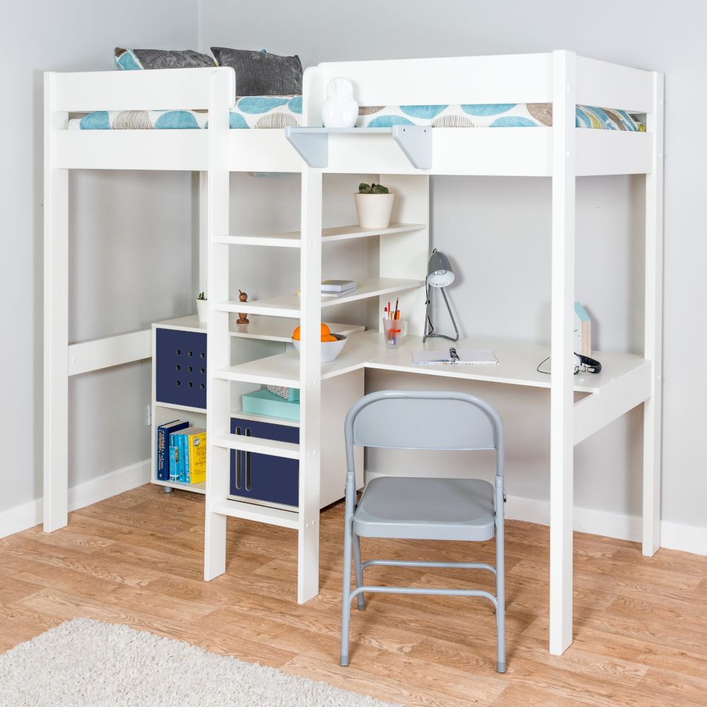 Childrens Stompa Duo 2 Highsleeper Bed with Integrated Desk, Shelving and Cube Unit With 2 Blue Doors Lifestyle Angled