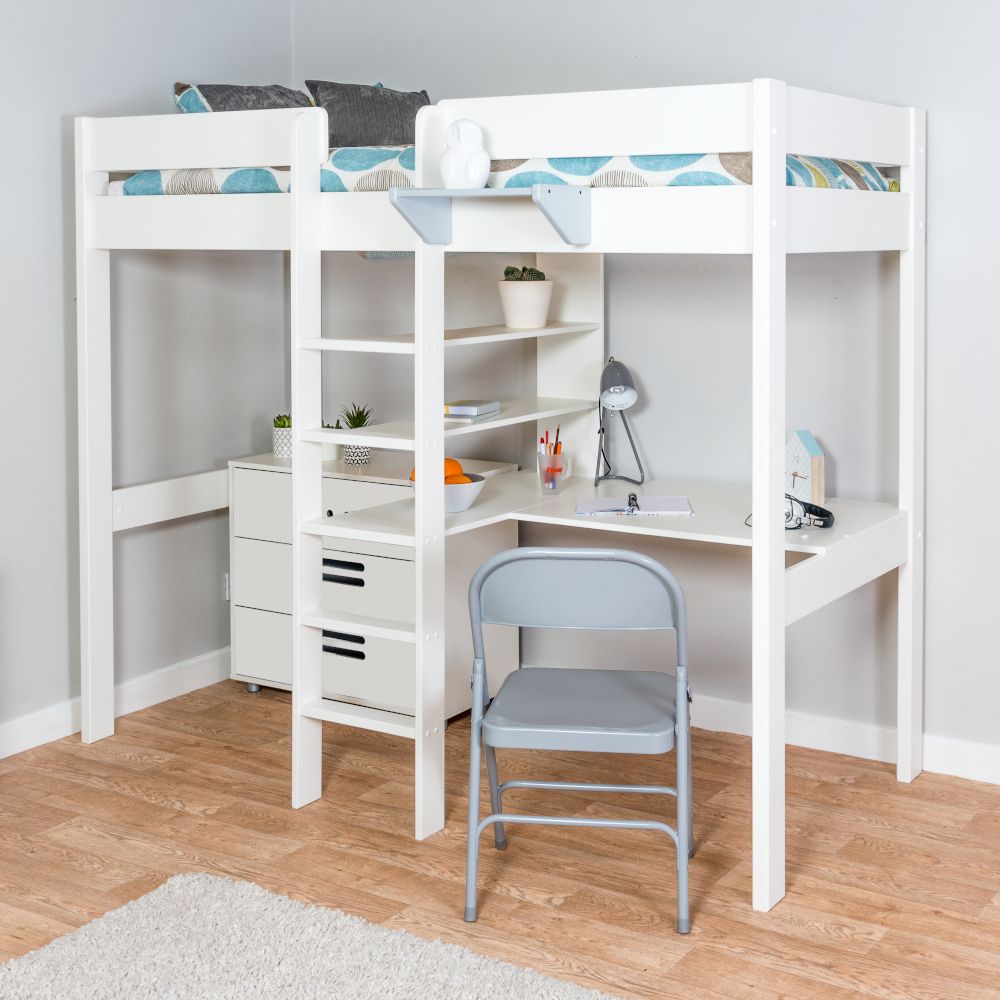 Childrens Stompa Duo 4 Highsleeper Bed with Integrated Desk, Shelving and 3 Drawer Chest Lifestyle Angled