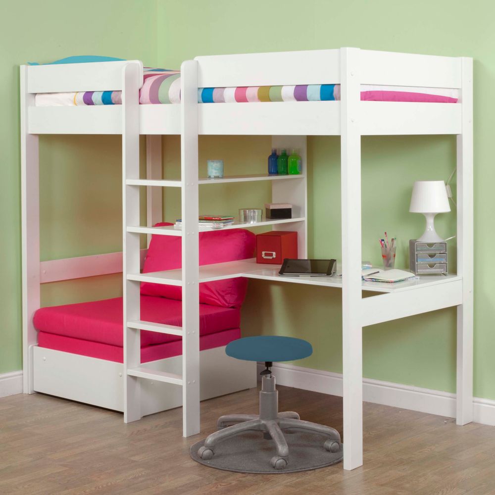 Childrens UNO High Sleeper Bed With Pull Out Chair Bed In Pink And Free Stompa S Flex Airflow Mattress Lifestyle Angled