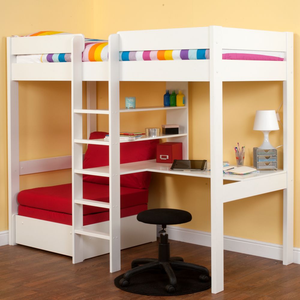 Uno 5 White High Sleeper with Desk/Shelving and Pullout Chairbed with Red Cushion Set Includes a free Stompa S Flex Airflow Mattress