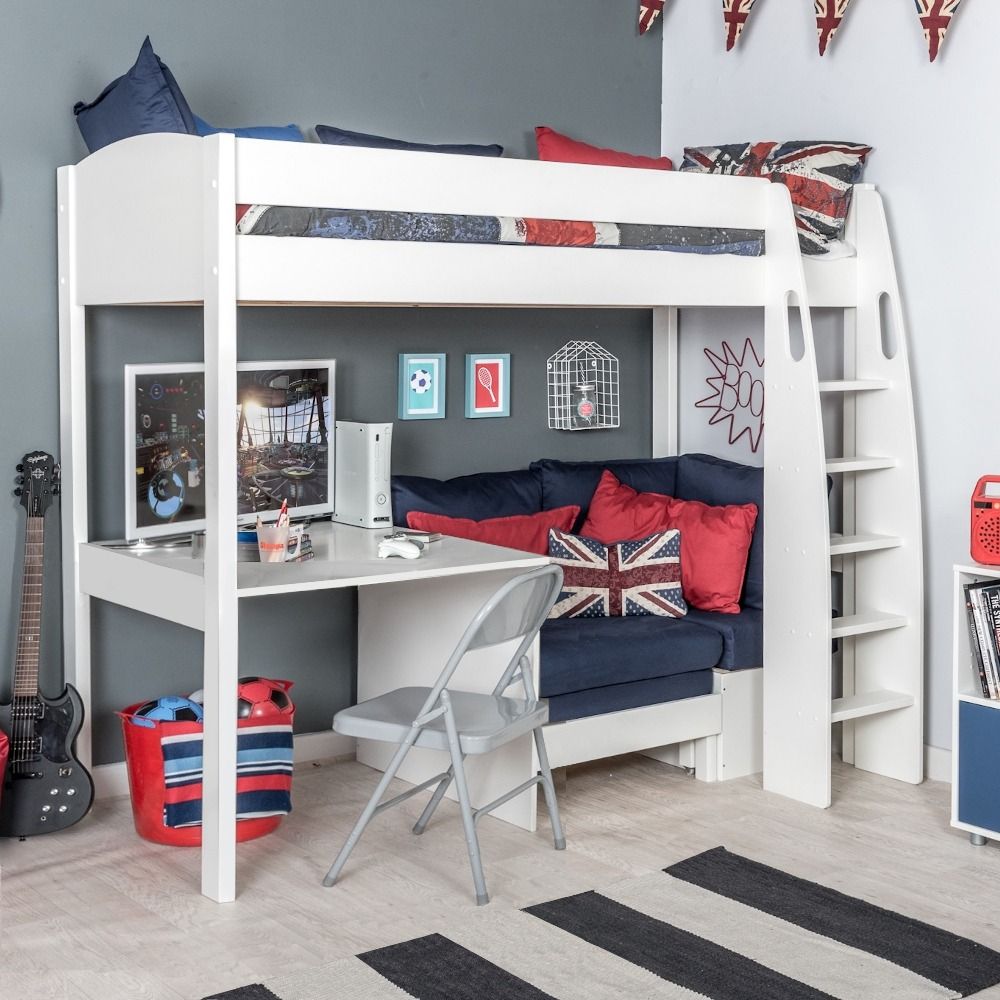 Childrens Uno S 21 Highsleeper Bed with Sofa Bed in Blue with Fixed Desk Lifestyle Angled