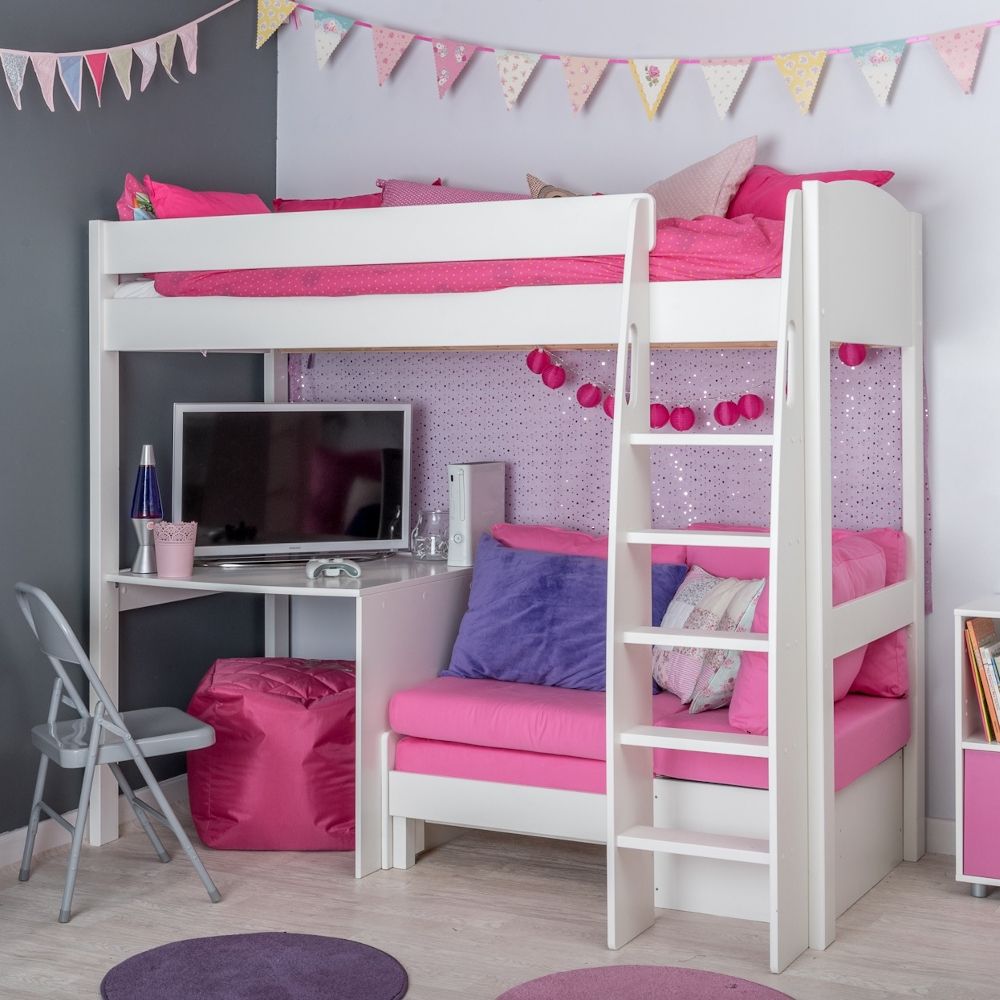 Childrens UnoS21 Highsleeper Bed with Sofa Bed in Pink with Fixed Desk Lifestyle Angled