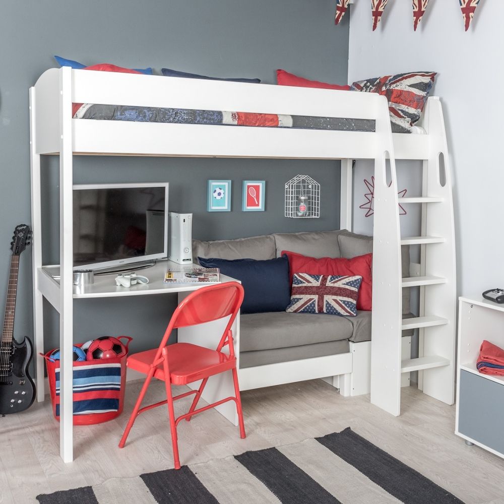 Childrens UnoS21 Highsleeper Bed with Sofa Bed in Grey with Fixed Desk Lifestyle Angled