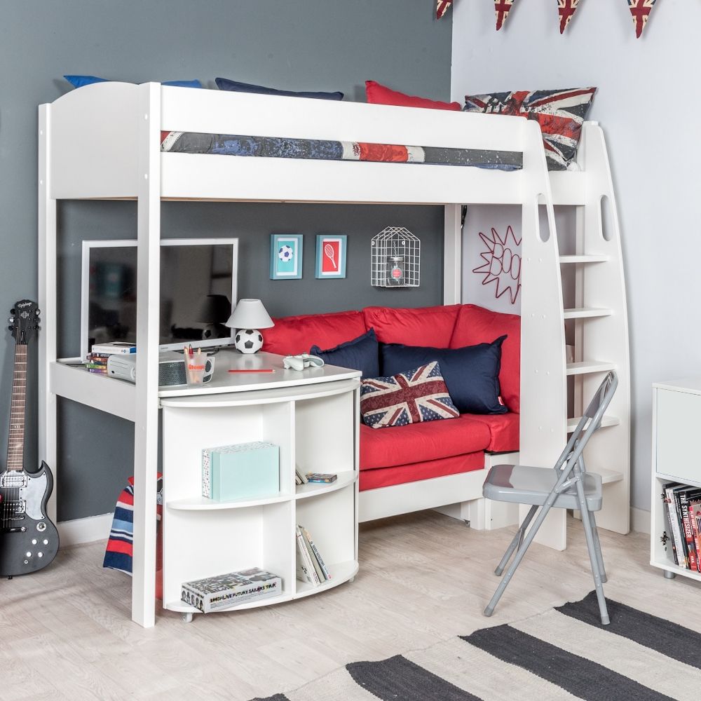 Childrens UnoS22 Highsleeper Bed with Sofa Bed in Red  Fixed Desk and Pull Out Desk Lifestyle Angled