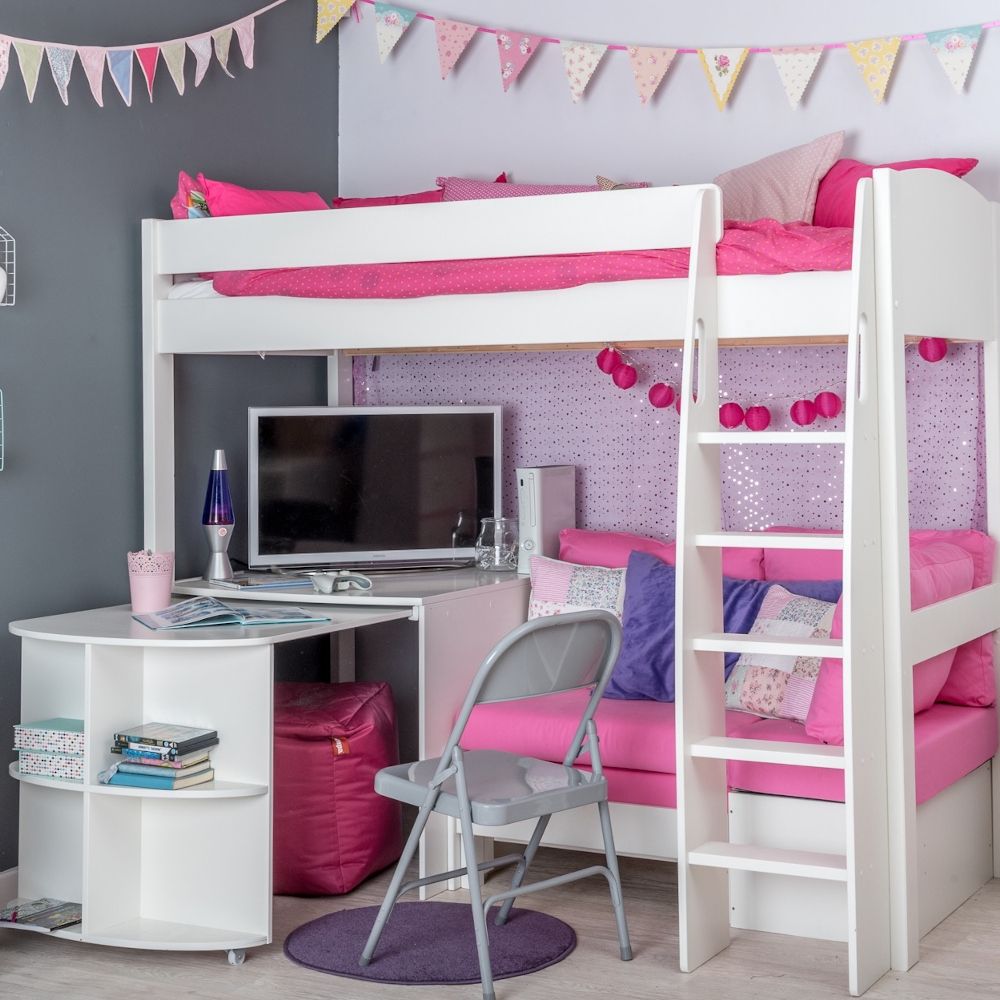 Childrens UnoS22 Highsleeper Bed with Sofa Bed in Pink  Fixed Desk and Pull Out Desk Lifestyle Angled
