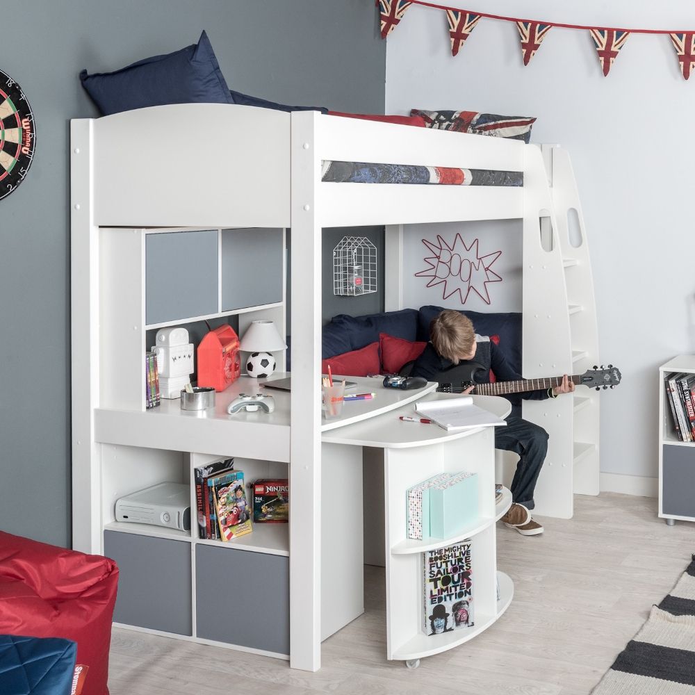 Childrens UNOS28 Highsleeper Bed with Sofa Bed in Blue, Fixed Desk, Pull Out Desk, Cube, Hutch and 2 Pairs of Grey Doors Lifestyle Angled