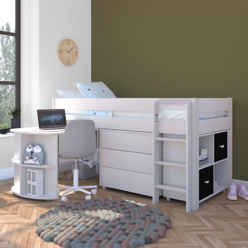 Childrens UNO Midsleeper Special Package Includes 3 Drw Chest, Cube Unit  with 2 Nero Doors, Pull Out Desk and Free Stompa S Flex Airflow Mattress Lifestyle Angled