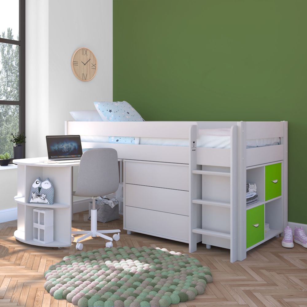 Childrens UNO Midsleeper Bed Special Package Includes 3 Drw Chest, Cube Unit  with 2 Lime Doors, Pull Out Desk and Free Stompa S Flex Airflow Mattress Lifestyle Angled