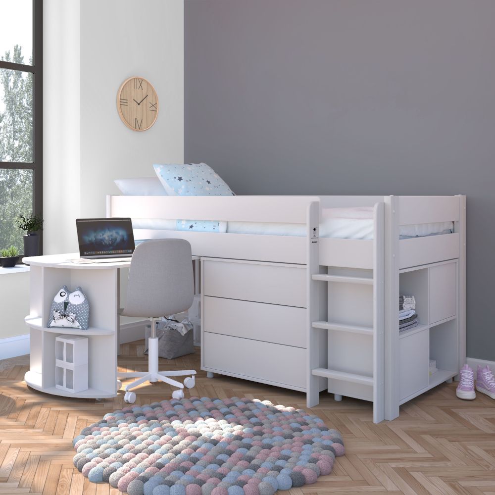 Childrens UNO Midsleeper Special Package Includes 3 Drw Chest, Cube Unit with 2 White Doors, Pull Out Desk and Free Stompa S Flex Airflow Mattress Lifestyle Angled