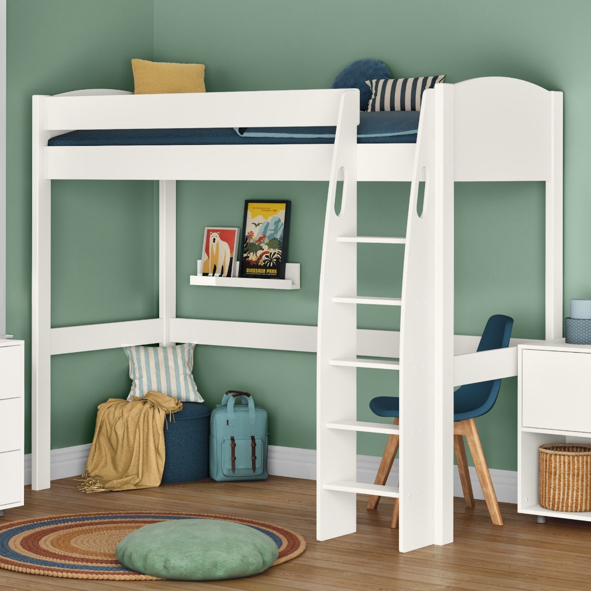 Childrens UNO S Highsleeper Bed Frame Only - White Headboards Lifestyle Angled Zoomed